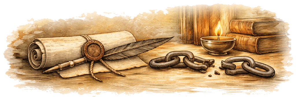 Warm-toned illustration of an ancient letter sealed with wax beside broken iron chains, an oil lamp, and leather-bound books, symbolizing reconciliation, freedom, and Christian brotherhood.